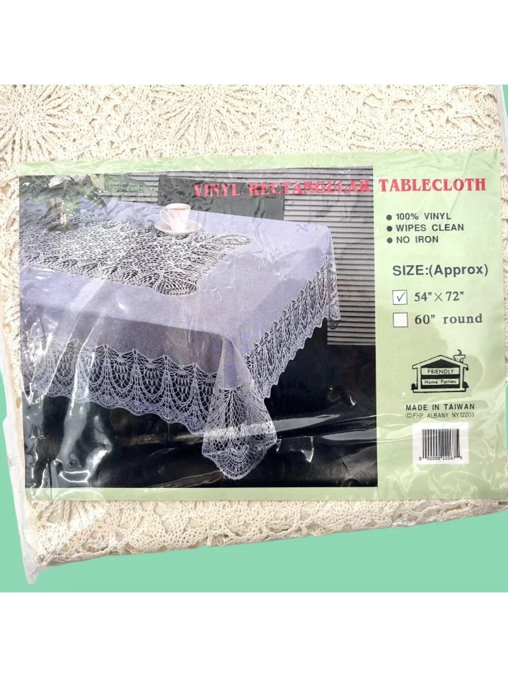 NEW IN PKG IVORY LACE VINYL RECTANGULAR TABLECLOTH 54X72